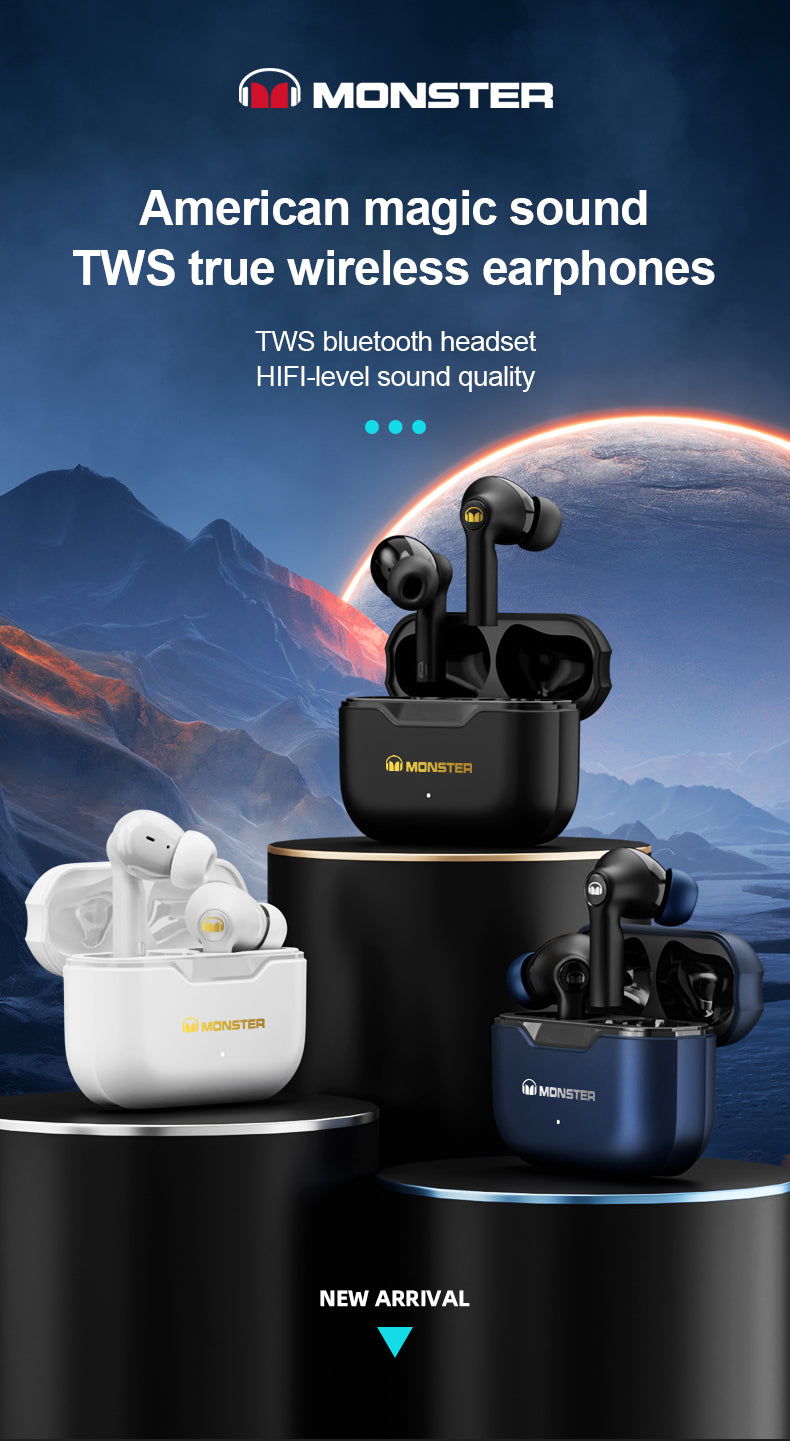 Monster XKT02 TWS Wireless Bluetooth 5.1 Headset Subwoofer HIFI Surround Sound Quality Long Battery Life 300mAh Gaming Earphones