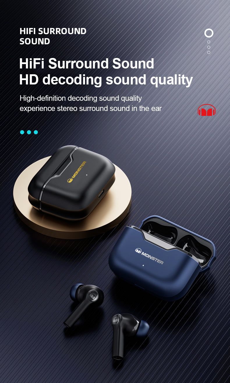 Monster XKT02 TWS Wireless Bluetooth 5.1 Headset Subwoofer HIFI Surround Sound Quality Long Battery Life 300mAh Gaming Earphones