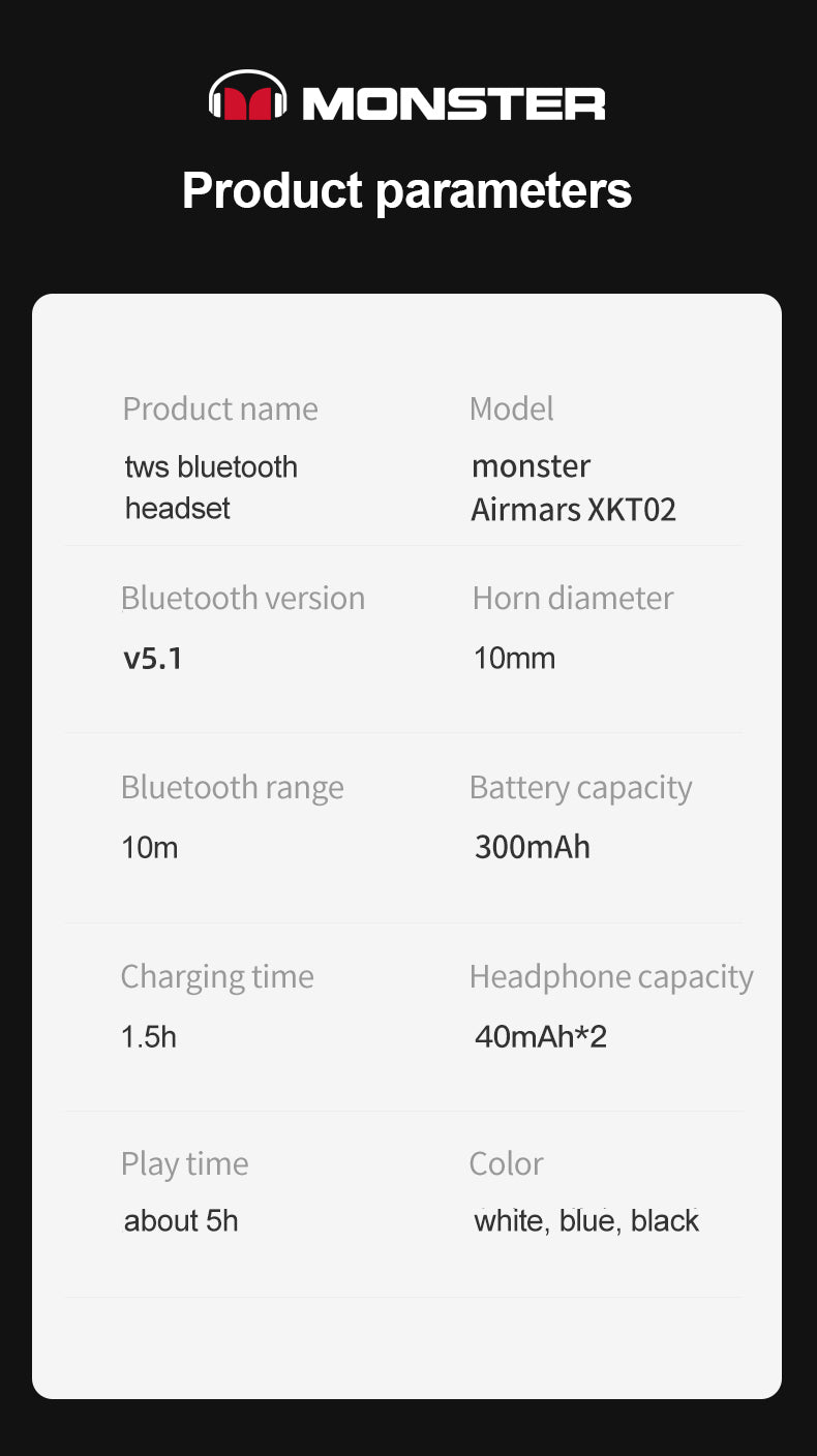 Monster XKT02 TWS Wireless Bluetooth 5.1 Headset Subwoofer HIFI Surround Sound Quality Long Battery Life 300mAh Gaming Earphones